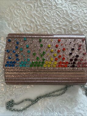 Kurt Geiger Pink Glitter Clutch with Rainbow Crystal Embellishments, New